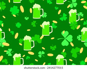 Seamless pattern with glasses of green beer, clover leaves and gold coins for St. Patrick's Day. Beer mugs with foam. Festive design for wallpaper, banner and cover. Vector illustration