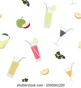 Seamless pattern with glasses of juice and fresh fruits. Vector illustration