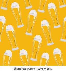 Seamless pattern with glasses of light beer on a yellow background