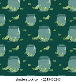 seamless pattern, glasses with a light drink of mint and lime pieces on a dark background