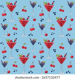 Seamless pattern with  glasses of martini, cherries and blueberries.  Vector illustration on blue background.For wrapping,textile, menu design, bar, cafe theme.
