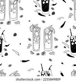 Seamless pattern with glasses of Mexican cocktails Vampiro and Charro Negro on white background with chili peppers and lime slices. Vector endless background latin american drinks in doodle style