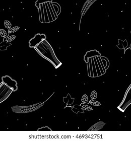 seamless pattern glasses and a mugs of beer, hops and barley on a black background. For packaging beer, bread and flour products in your cafe, bar, pub, tavern, brewery, restaurant.