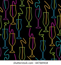 Seamless Pattern of Glasses. Neon colors on a black background Cocktail Party vector illustration. Glasses with tubes, colored linear silhouettes on a black background.