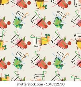 seamless pattern with glasses of orange, Cherry juice and mojito in hatching style