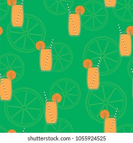 Seamless pattern with glasses of orange juice and slices of juicy orange. Vector.