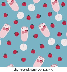Seamless pattern. Glasses of pink champagne with strawberries. Vector illustration in cartoon style
