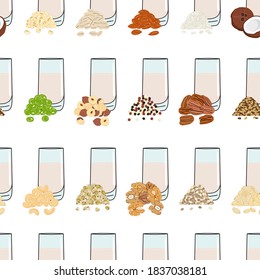 Seamless pattern of glasses with plant-based milk. Vegan milk in glass. Almond, soy, rice, coconut, cashew, oat, flax, walnut, hemp, pea milk. Milk alternatives. Hand drawn vector illustration.