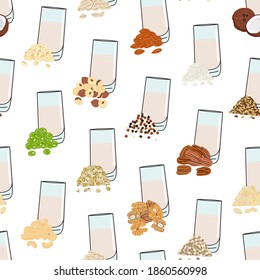 Seamless pattern of glasses with plant-based milk. Vegan milk in glass. Almond, soy, rice, coconut, cashew, oat, flax, walnut, hemp, pea milk. Milk alternatives. Hand drawn vector illustration.