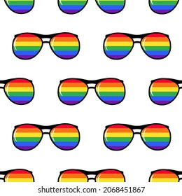 Seamless pattern of glasses with rainbow lenses and black frame. LGBT rights symbol.  Multicolored parade, pride, party, festival event invitation, card, print, t-shirt, logo, poster concept. 