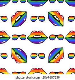 Seamless pattern of glasses with rainbow lenses and black frame and lips. LGBT rights symbol.  Multicolored parade, pride, party, festival event invitation, card, print, t-shirt, logo, poster concept.