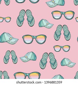 Seamless pattern of glasses, slippers and cap on a pink background