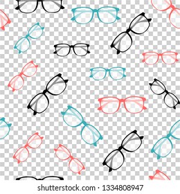 Seamless pattern with Glasses. Vector glasses model icons. Sunglasses, glasses, isolated on white background. Silhouettes in modent colors