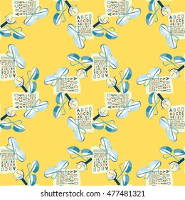seamless pattern with glasses of view to measure and magnifying glass on a yellow background vector illustration