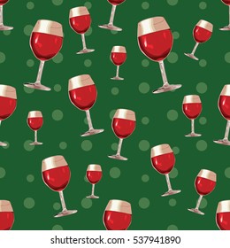 Seamless pattern with glasses of wine on green background
