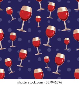 Seamless pattern with glasses of wine on blue background