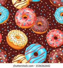 Seamless pattern with glaze donuts and sprinkles. Background of various colored sweet pastries.