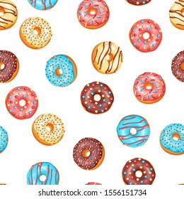 Seamless pattern with glaze donuts and sprinkles. Background of various colored sweet pastries.