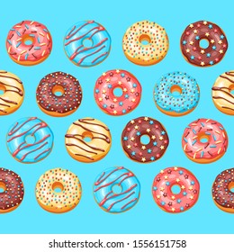 Seamless pattern with glaze donuts and sprinkles. Background of various colored sweet pastries.