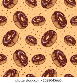 Padrão sem emenda com rosquinhas de chocolate vidradas. Sobremesas, comida doce. Ilustração vetorial para papel de embrulho, scrapbooking, pano de fundo, impressão e web.