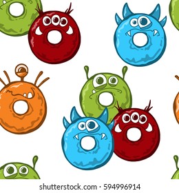 Seamless pattern with glazed color monsters donuts, vector illustration