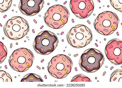 Seamless pattern with glazed colorful donuts. White background. Girly. For print and web.