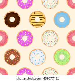 Seamless pattern with glazed colorful donuts. Vector illustration of sweet donuts on a light background. 