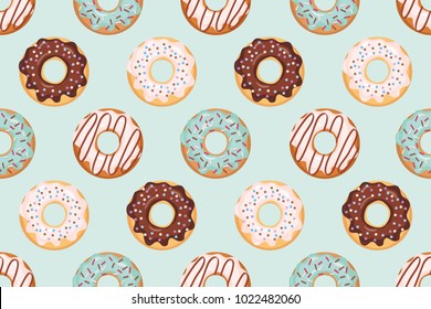 Nahtloses Muster mit verglasten Donuts. Blau und Schokolade. Mädchen. Für Druck und Web.