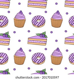Seamless pattern with glazed donuts, blueberry cupcakes and cakes on white background. Vector background in colored doodle style. Perfect for menu, wrapping paper, packaging designs, decorations.