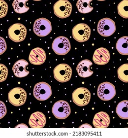 seamless pattern with glazed donuts. Bright juicy pattern on a black background.vector illustration