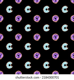 seamless pattern with glazed donuts. Bright juicy pattern on a black background.vector illustration