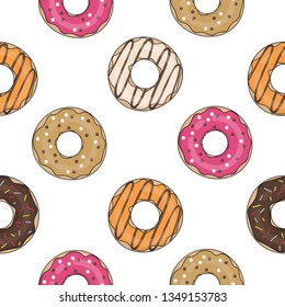 Seamless pattern with glazed donuts. Cartoon donuts. Vector.