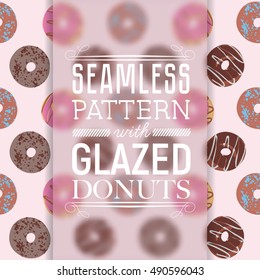 Seamless pattern with glazed donuts. Chocolate and pink colors. Vector illustration.