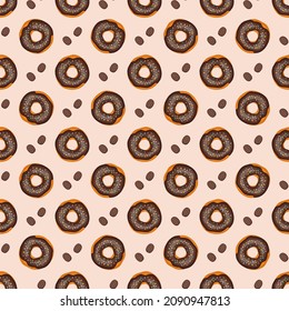 Seamless pattern from glazed donuts and coffee beans. Print from sweet pastries for birthday, holiday and party. Vector flat illustration of dessert and food