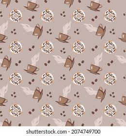 Seamless pattern from glazed donuts, cup of coffee and beans. Sweet pastry print for birthday, holiday and party. Vector flat illustration of dessert and food