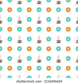 Seamless pattern of glazed donuts and cups of tea or coffee. Sweet pastry print for birthday, holiday and party. Vector flat illustration of dessert and food