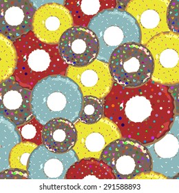 Seamless pattern of glazed donuts with decorative elements. Background of hand drawn dessert. Glazed cartoon donuts background texture. 