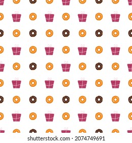Seamless pattern from glazed donuts and gift box with ribbon. Sweet baking print and present for birthday, holiday and party. Vector flat illustration of dessert and food