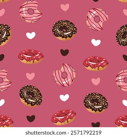 Seamless pattern with glazed donuts and hearts. Repeating texture with delicious dessert for fabric, wallpaper, paper, etc.