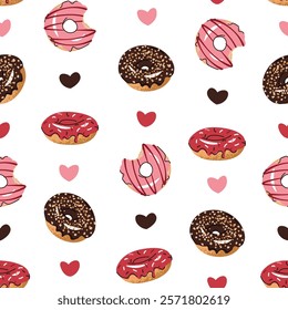 Seamless pattern with glazed donuts and hearts. Repeating texture with delicious dessert for fabric, wallpaper, paper, etc.