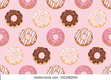 Nahtloses Muster mit verglasten Donuts. Rosa Farben. Mädchen. Für Druck und Web.