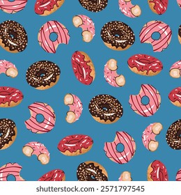 Seamless pattern with glazed donuts. Repeating texture with delicious dessert for fabric, wallpaper, paper, etc.