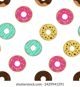 Seamless pattern with glazed donuts. Sprinkle, strawberry, chocolate, mint, banana flavor. 