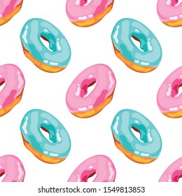 Seamless Pattern With Glazed Donuts. Tasty And Bright Donut. Wallpaper, Print, Textile Design, Paper, Packaging, Banner, Poster. Vector Illustration.