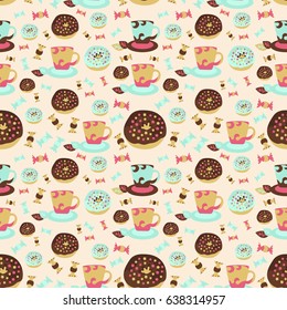 Seamless pattern with glazed donuts and tea