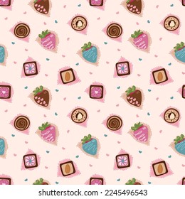 Patrón sin foco con fresas glaseadas en chocolate para el Día de San Valentín. Impresión para papel de embalaje, diseño de menú, sitios web, textiles, etc. Diseño plano vectorial aislado en fondo blanco.