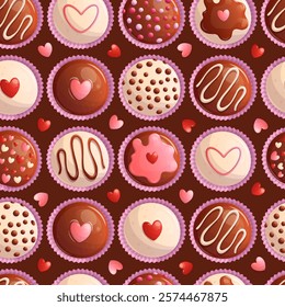 Seamless pattern with glazed Valentine's Day chocolates on a brown background. The concept of romance, love. Vector illustrations for posters, banners, postcards, invitations and covers.