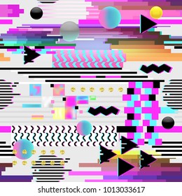 Seamless Pattern Glitch Design. Cyberpunk Digital Background with Geometric Gradient Elements. Abstract Composition for Fabric Fashion 80s-90s, Posters, Cover. Vector illustration