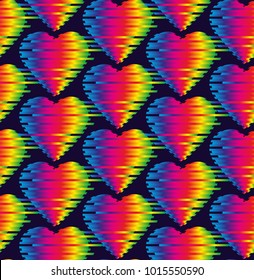 Seamless pattern glitch rainbow hearts, vector