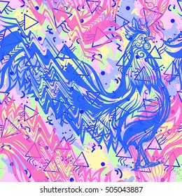  Seamless pattern with glitch Rooster in vaporwave colors. Chinese New Year Symbol of 2017 New Year. Vector illustration.